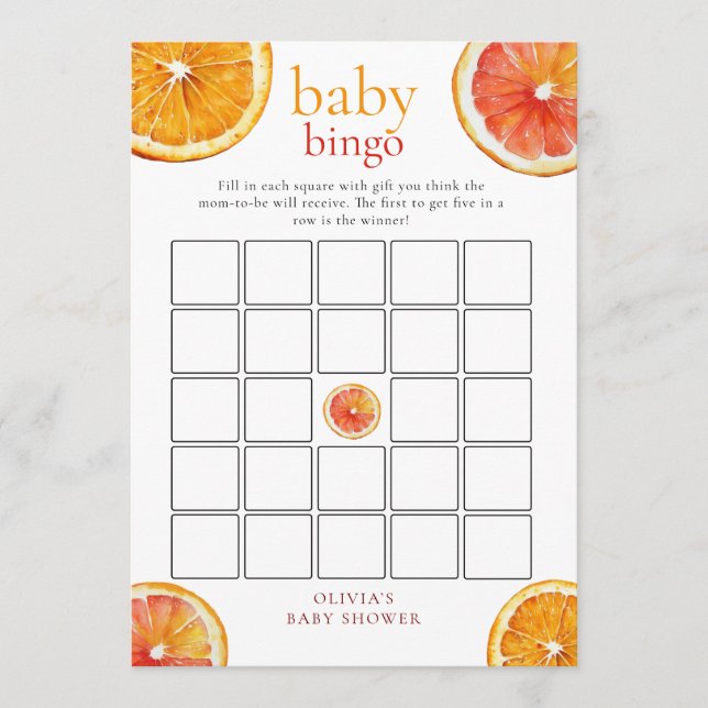 Invitación Little Cutie Orange Bingo Baby Shower Game Card (Anverso)