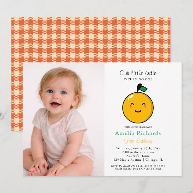 Invitación  Little Cutie Orange Citrus 1st Birthday  (Anverso / Reverso)