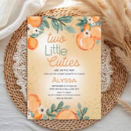 Invitación Little Cutie Orange Green Twin Baby Shower