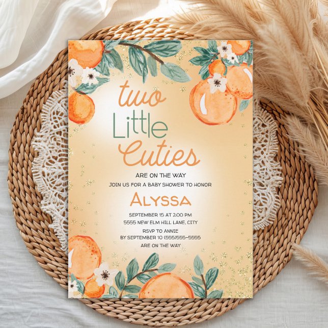Invitación Little Cutie Orange Green Twin Baby Shower (Two Little Cuties twin baby shower invitation)