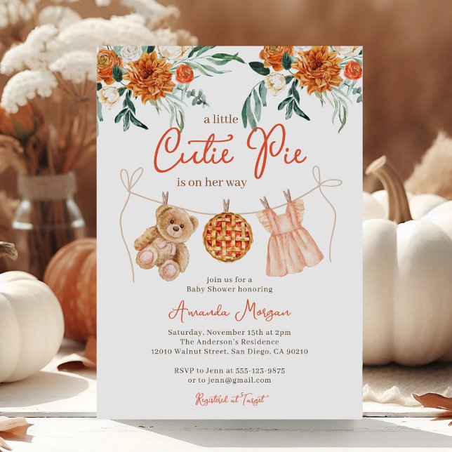 Invitación Little Cutie Pie Teddy Bear Fall Chica Baby Shower (Subido por el creador)