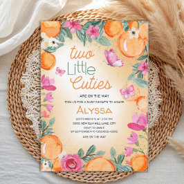 Invitación Little Cuties Orange Pink Floral Butterflies Twin