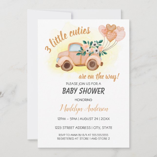 Invitación Little Cuties Vintage Truck Triplets Baby Shower (Anverso)
