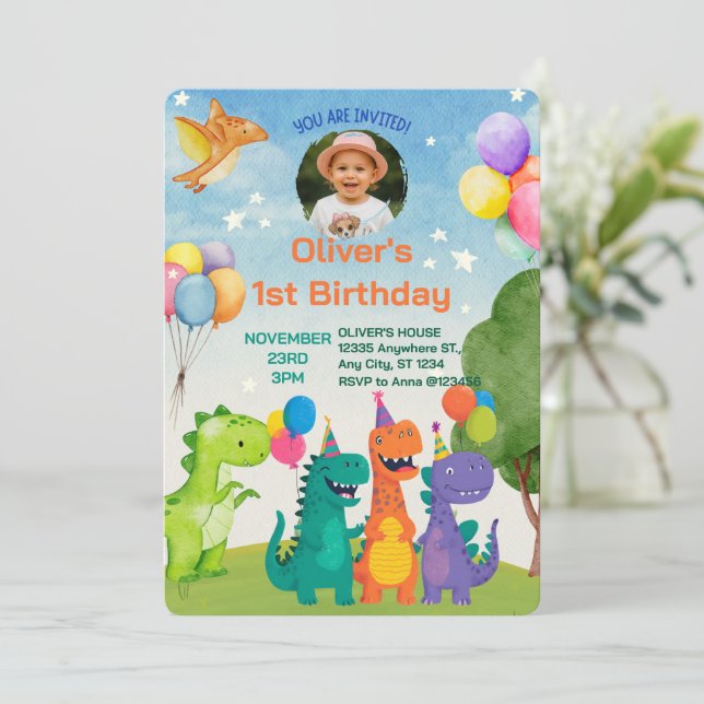 Invitación Little Dino 1st Birthday Invitation (Anverso de pie)