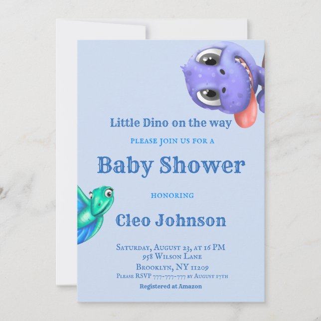 Invitación Little Dino on the Way Blue Boy Baby Shower Invita (Anverso)