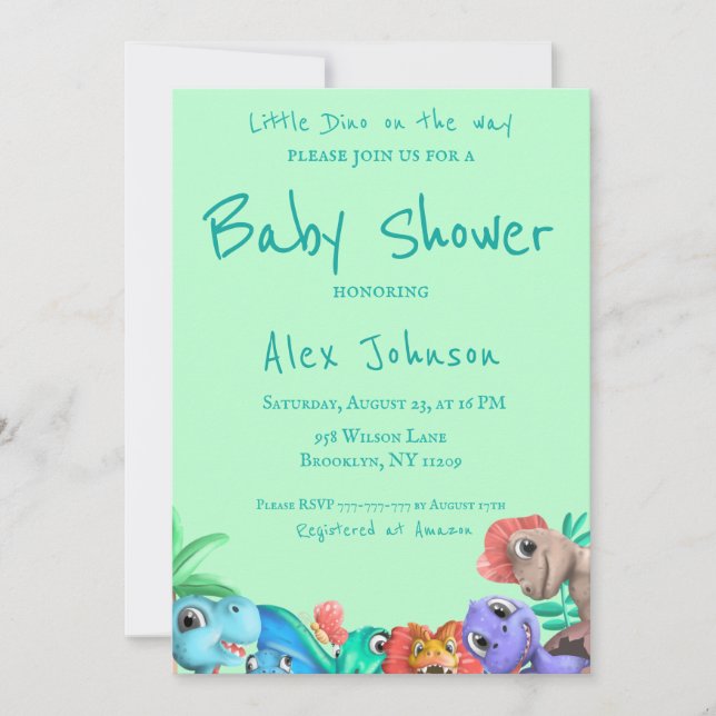 Invitación Little Dino on the Way Greenery Baby Shower (Anverso)