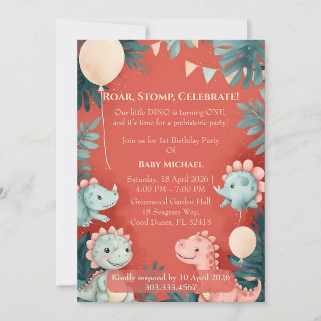 Invitación Little Dino Turning One Orange Watercolor Birthday (Anverso)