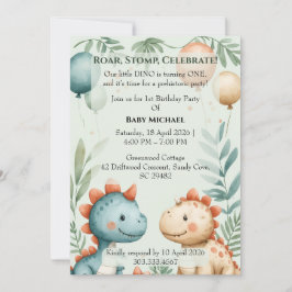 Invitación Little Dino Turning One Pastel Watercolor Birthday