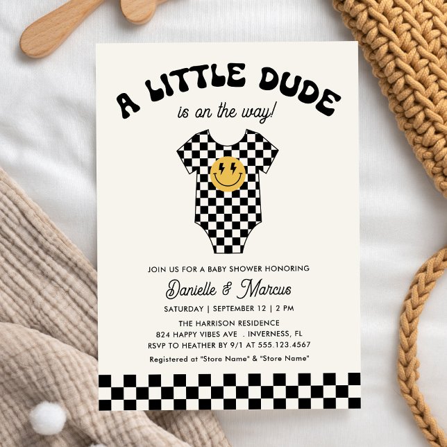 Invitación Little Dude Baby Bodysuit Retro Baby Shower (Subido por el creador)