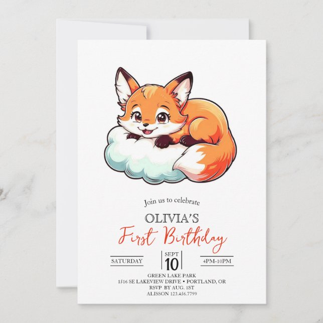 Invitación Little Elegant Digital Fox 1er cumpleaños (Anverso)