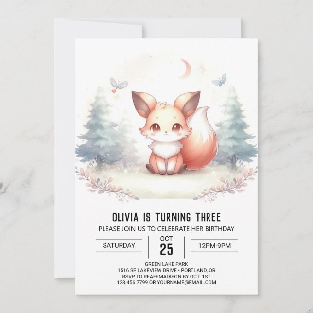 Invitación Little Elegant Fox Birthday digital (Anverso)