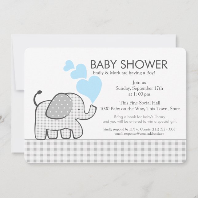 Invitación Little Elephant Gingham and Blue Baby Shower (Anverso)