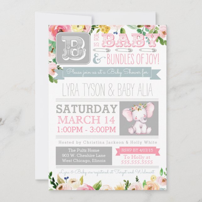 Invitación Little Elephant Watercolor Floral Baby Shower (Anverso)
