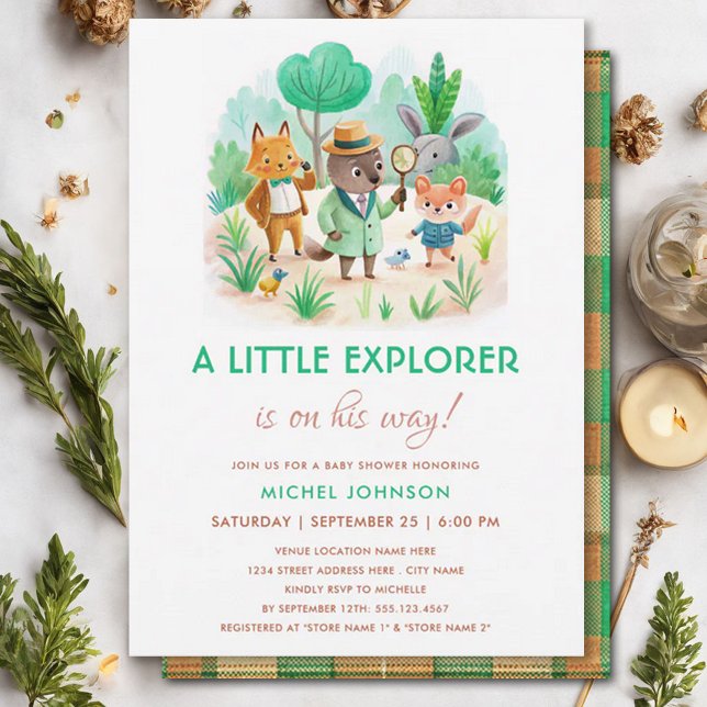 Invitación Little Explorer Forest Detective Boy Baby Shower (Subido por el creador)