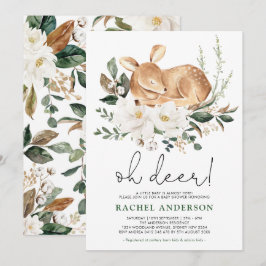 Invitación Little Fawn | Baby Shower Floral blanca de ciervos