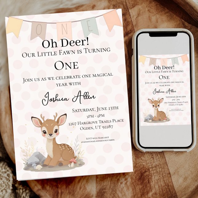 Invitación Little Fawn Woodland First Birthday (Celebrate in style with this charming birthday invitation. .)