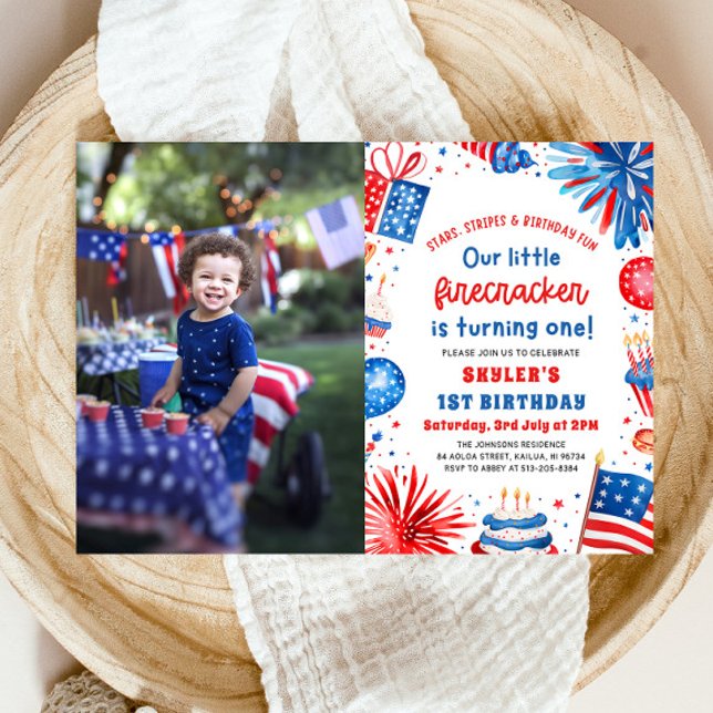 Invitación Little Firecracker, 4 de julio, Fiesta de cumpleañ (Watercolor Patriotic Little Firecracker 4th of July 1st Birthday Party Invitation)