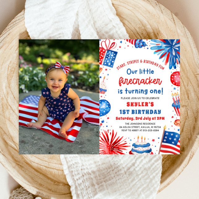 Invitación Little Firecracker, 4 de julio, Fiesta de cumpleañ (Watercolor Patriotic Little Firecracker 4th of July 1st Birthday Party Invitation)