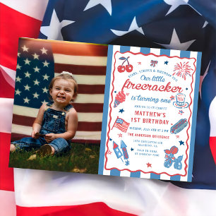 Invitación Little Firecracker 4 of July 1 Birthday Photo