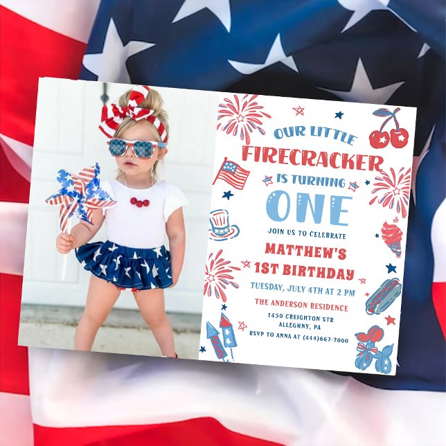 Invitación Little Firecracker 4 of July 1 Birthday Photo (Subido por el creador)