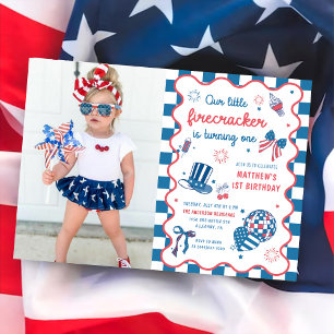 Invitación Little Firecracker 4 of July 1 Birthday Photo
