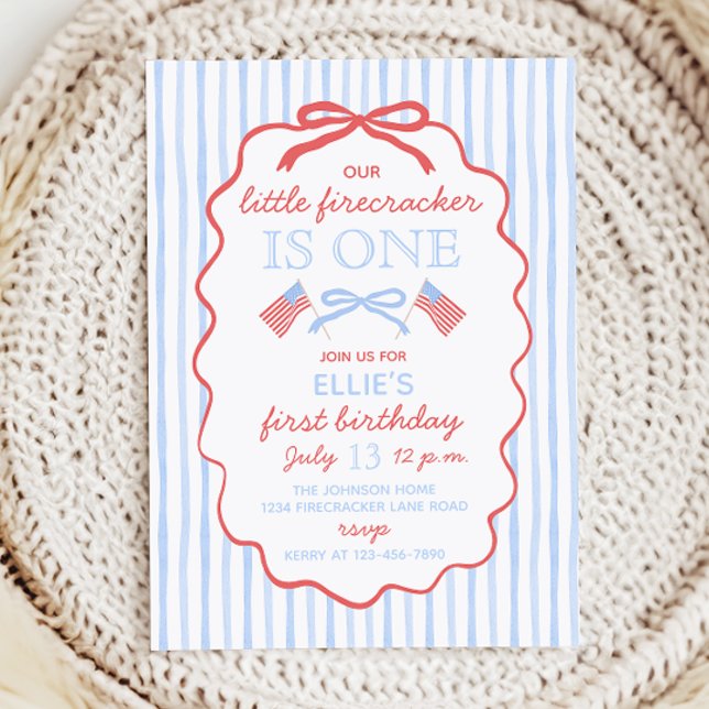 Invitación Little Firecracker 4th of July 1st Birthday (Subido por el creador)