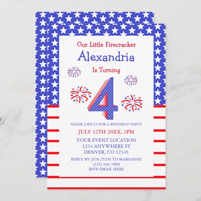Invitación Little Firecracker en su cuarto cumpleaños (Anverso / Reverso)