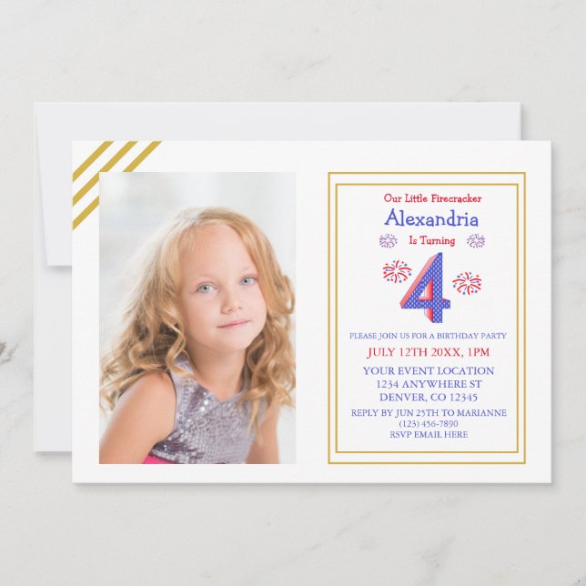 Invitación Little Firecracker en su cuarto cumpleaños (Anverso)