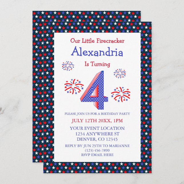 Invitación Little Firecracker en su cuarto cumpleaños (Anverso / Reverso)