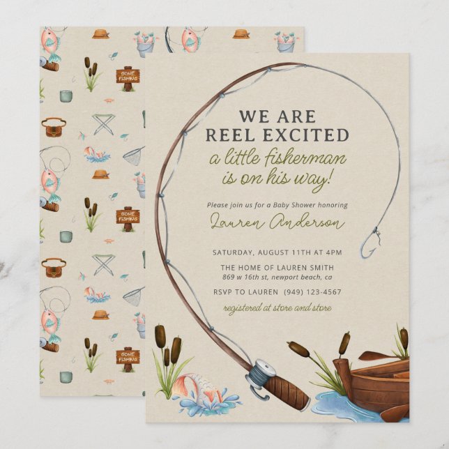 Invitación Little Fisherman Adventure Watercolor Baby Shower (Anverso / Reverso)