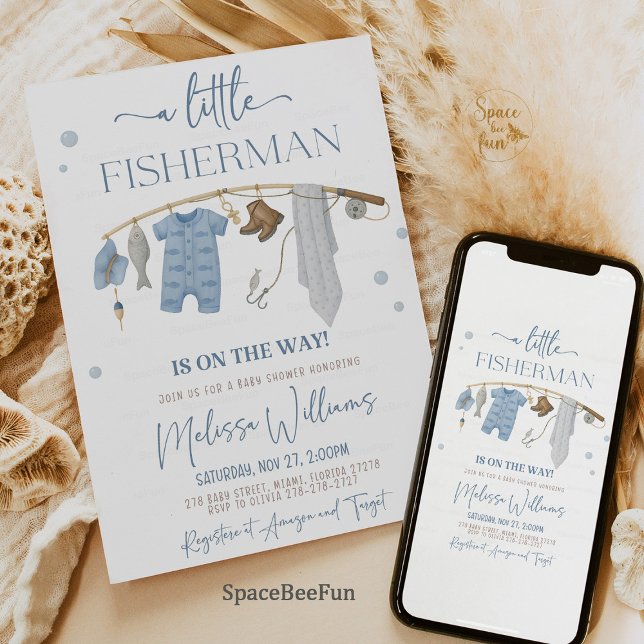 Invitación Little Fishman Fishing Reel Baby Shower (baby shower invitation, fishing baby shower, little fisherman, rustic baby shower, gone fishing them)