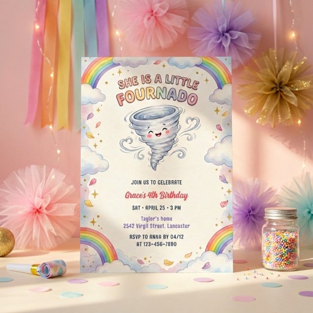 Invitación Little Fournado Rainbow Tornado Girls 4th Birthday (Little Fournado Rainbow Tornado Girls Birthday Party Invitation)