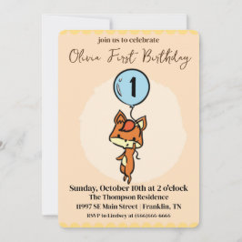 Invitación Little Fox con globos Primer cumpleaños