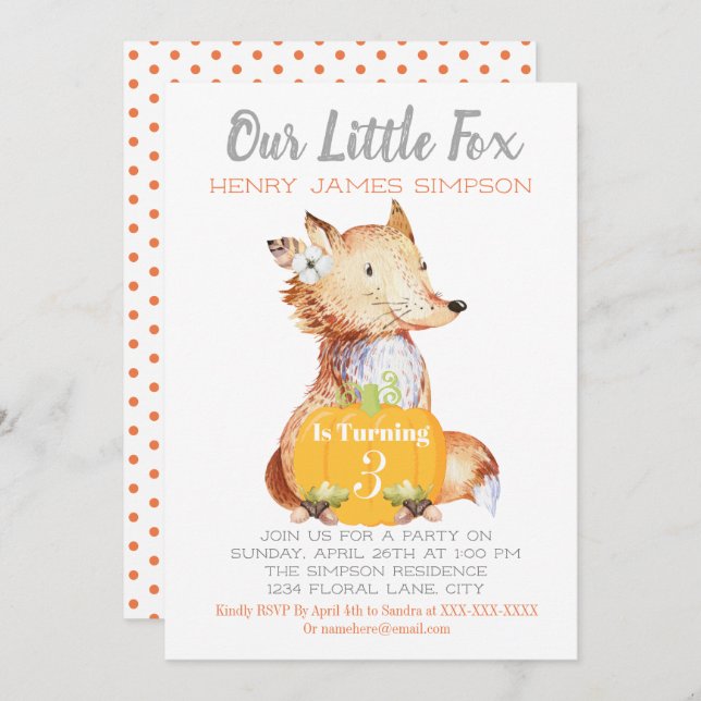 Invitación Little Fox Fall Harvest Pumpkin Thirds Cumpleaños (Anverso / Reverso)