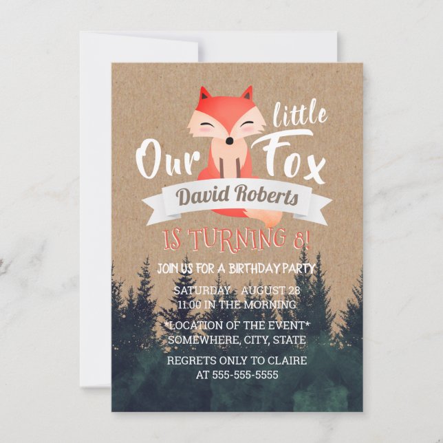 Invitación Little Fox Rustic Forest Birday Party (Anverso)