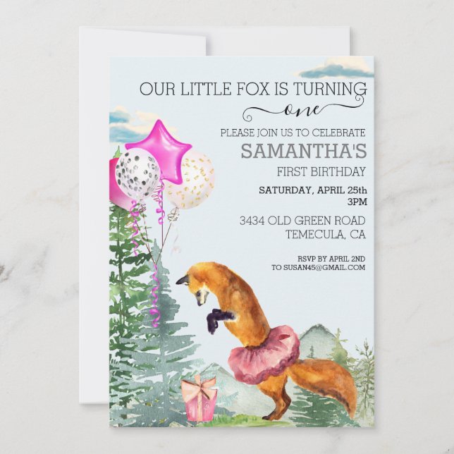 Invitación Little Fox Watercolor Woodland Pink Birday (Anverso)