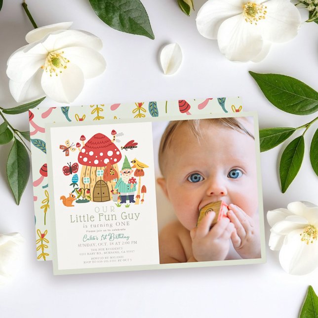 Invitación Little Fun Guy Gnome Mushroom Photo 1st Birthday (Subido por el creador)