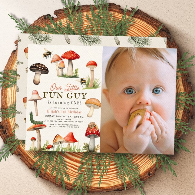 Invitación Little Fun Guy Mushroom Bee Boy Foto Primer Cumple (Subido por el creador)