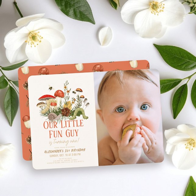 Invitación Little Fun Guy Mushroom Worms Photo 1st Birthday (Subido por el creador)