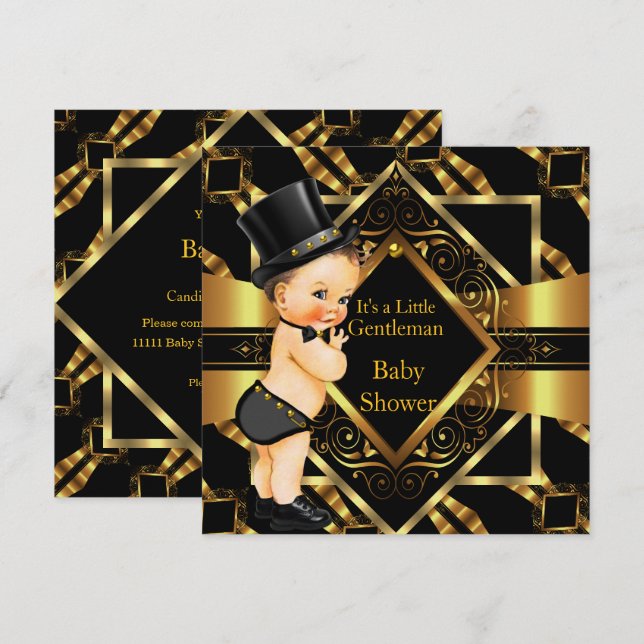 Invitación Little Gentleman Baby Shower Gold Black Brunette (Anverso / Reverso)