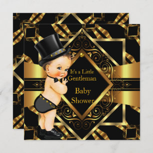 Invitación Little Gentleman Baby Shower Gold Black Brunette