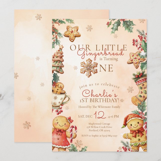 Invitación Little Gingerbread 1st Birthday Christmas (Anverso / Reverso)