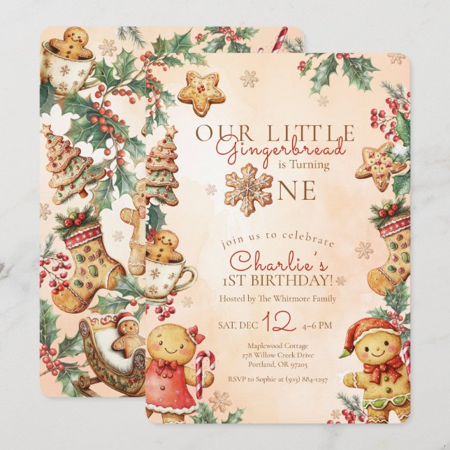 Invitación Little Gingerbread Christmas 1st Birthday (Anverso / Reverso)