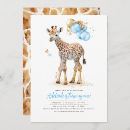 Invitación Little Giraffe Blue and Brown Boho Birday
