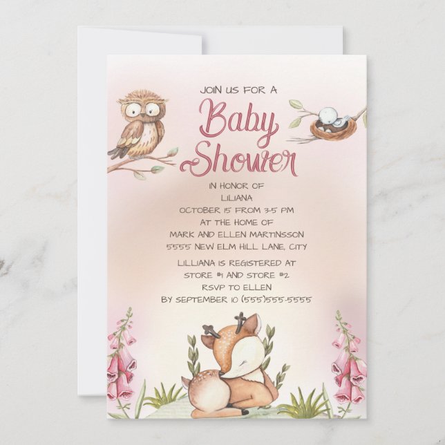 Invitación Little Girl Woodland Animals Deer Owl Baby Shower (Anverso)