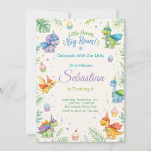 Invitación Little Heroes Big Roars Dinosaur Birthday Watercol