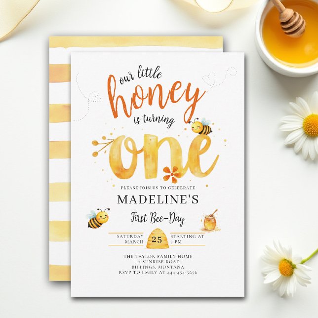 Invitación Little Honey Bee Day Cute Watercolor 1st Birthday (little honey bee one first birthday party invitation bumblebee floral watercolor summer cute simple)
