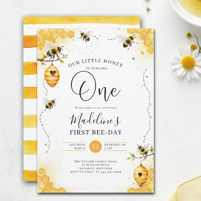 Invitación Little Honey Bee-Day Watercolor Comb 1st Birthday (little honey bee one first birthday party invitation floral watercolor summer modern stripes)
