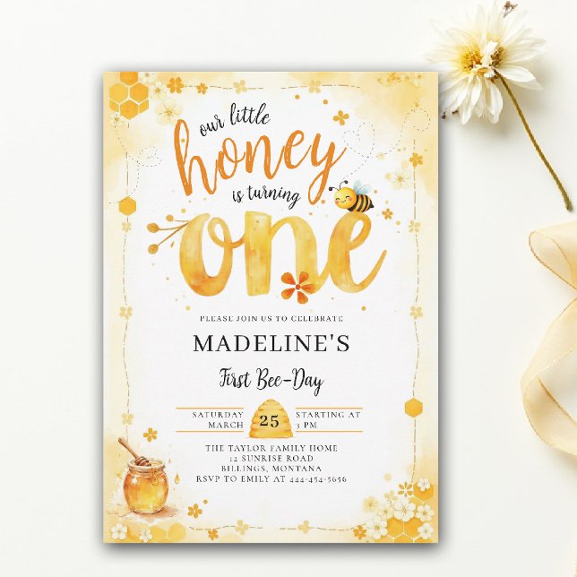 Invitación Little Honey Bee Day Watercolor Cute 1st Birthday (little honey bee one first birthday party invitation bumblebee floral watercolor summer elegant)