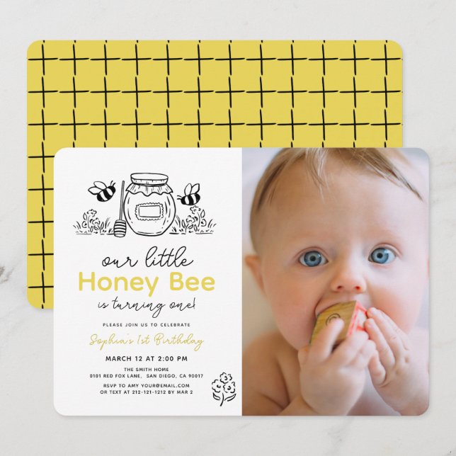 Invitación Little Honey Bee Photo Hand-drawn 1st Birthday (Anverso / Reverso)